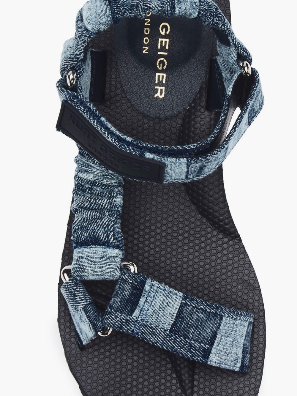 Kurt Geiger Women's Denim-Style Elastic Strap Sandals in Blue with Gold Logo🩵